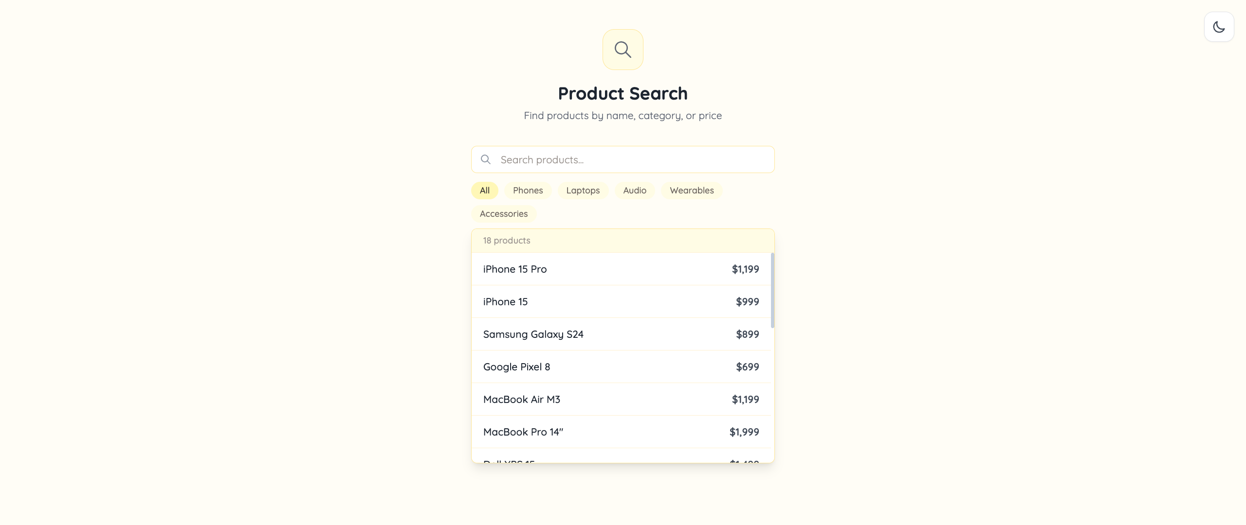 Product Search Dropdown