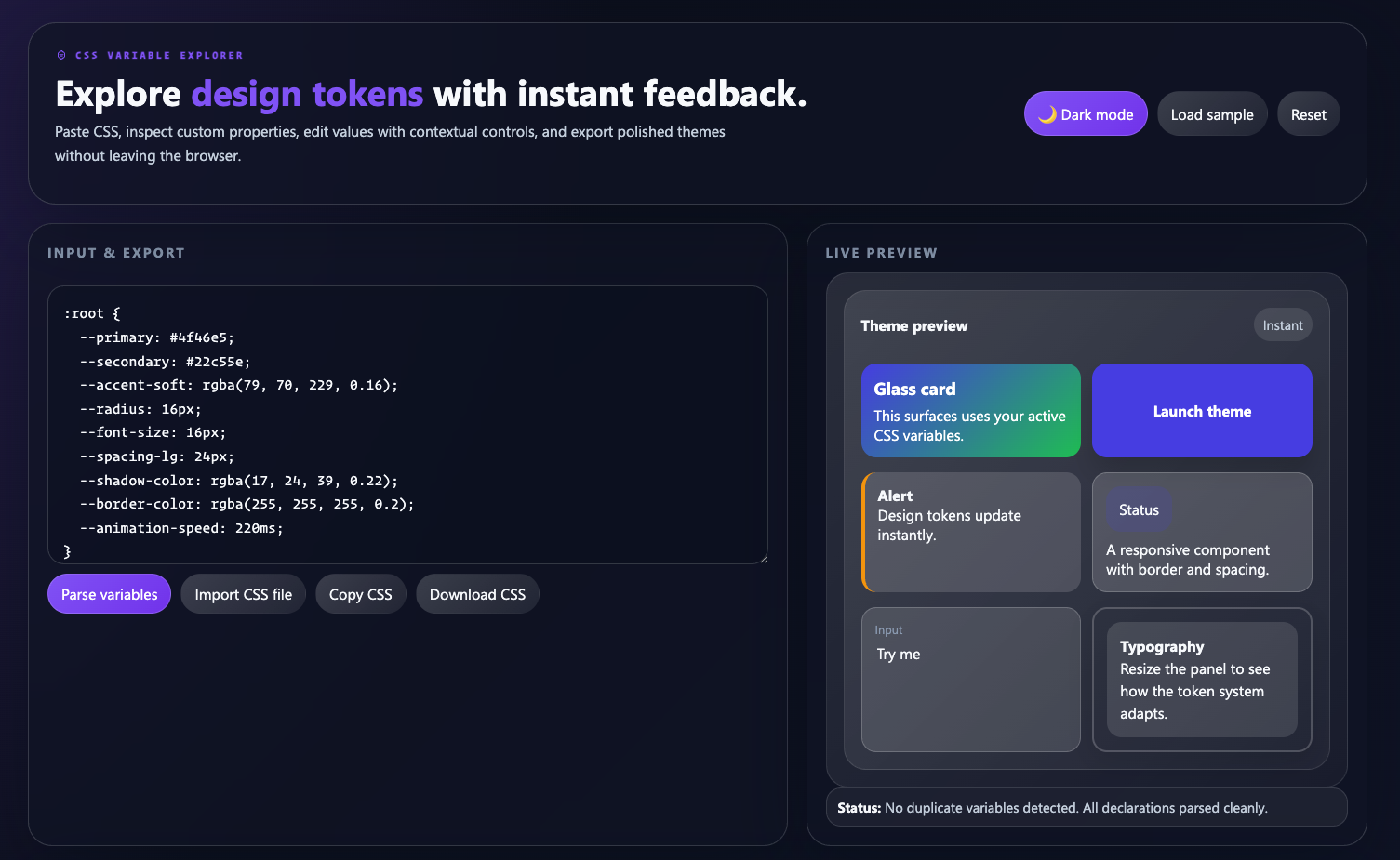 CSS Variable Explorer & Theme Generator