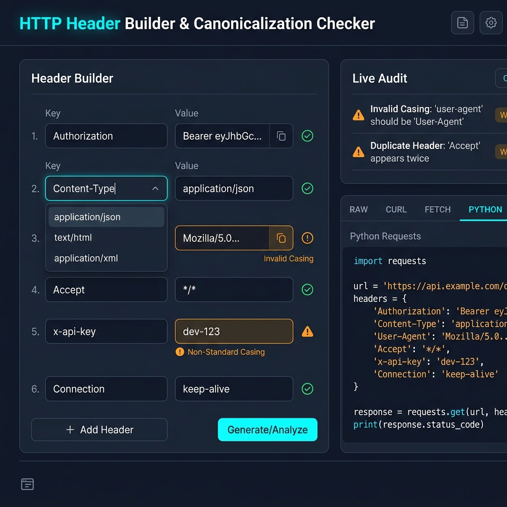 HTTP Header Builder & Canonicalization Checker