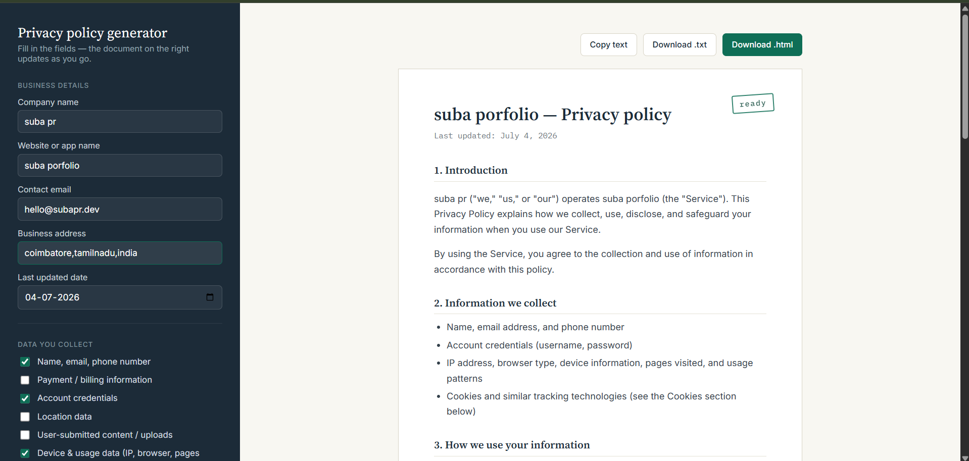 Privacy Policy Generator