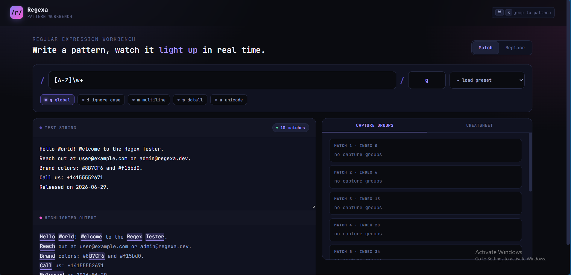 Regexa — Pattern Workbench